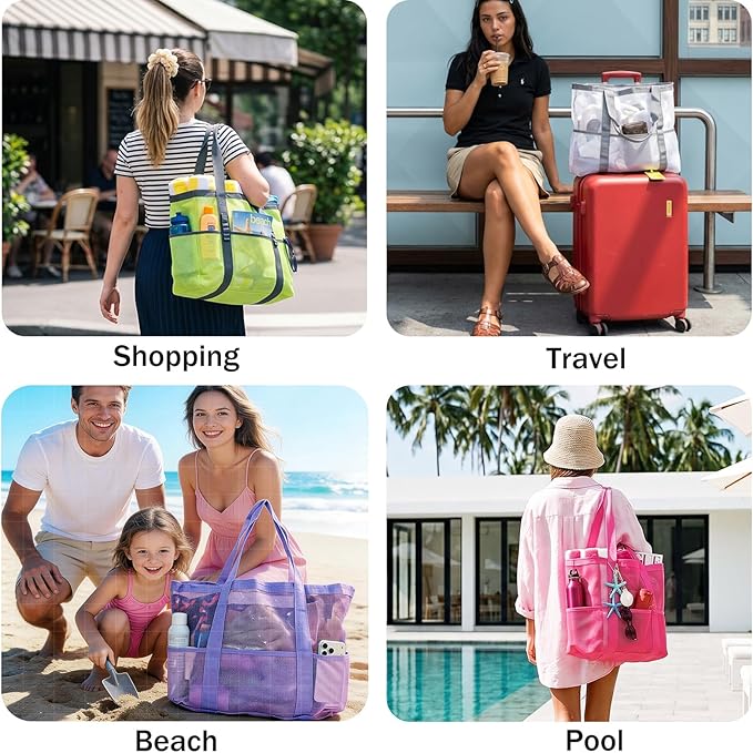 Mesh Beach Bag-Large Beach Tote for Women with Zipper Pocket, pool cruise travel swim, Toys & Vacation Essentials