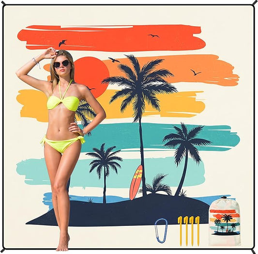 Beach Blanket Waterproof Sandproof Beach Mat 79”x 83” for 1-8 Adults Quick Drying Durable Outdoor Picnic Mat for Beach Festival Travel Camping Hiking (Rainbow Cocotree-YL, 79"×83"(4 Person))