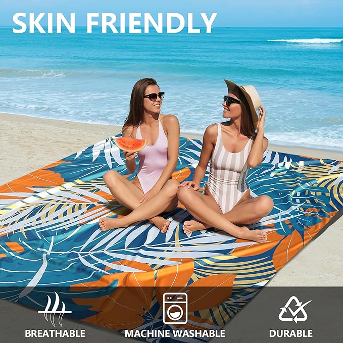 Beach Blanket Waterproof Sandproof Beach Mat for 1-8 Adults Quick Drying Durable Outdoor Picnic Mat for Beach Festival Travel Camping Hiking (BK&GN&O-Palm, 79"×83"(4 Person))