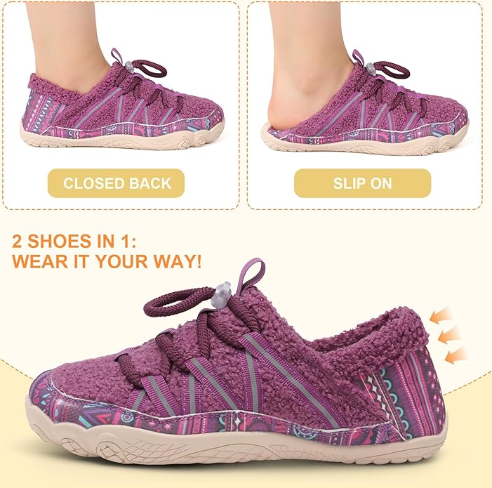 relxfeet Women's Wide Width Slippers Cozy Furry Barefoot House Shoes with Adjustable Fit Non-Slip Indoor Outdoor Slippers for Diabetic Bunion Swollen Feet Friendly