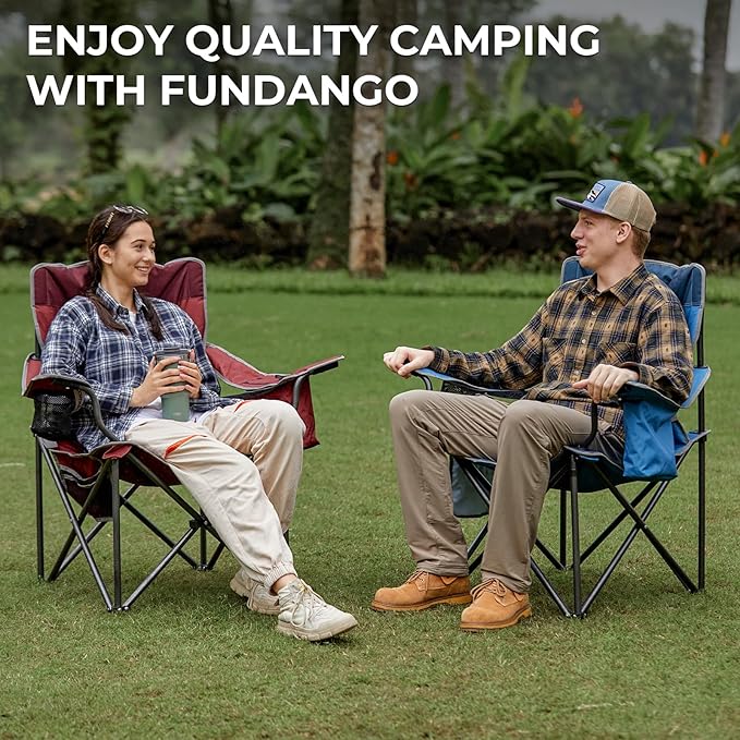 FUNDANGO Oversized Camping Chairs for Adults, Heavy Duty Fold Up Sports Games Lawn Chairs, Extra Wide Big Man Outdoor Chairs with Padded Lumbar Support Backrest, Bag Included for Camp, Outside, Beach