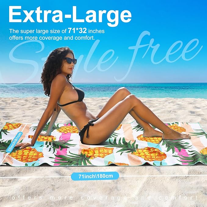 2 Packs Lightweight Thin Microfiber Beach Towel Oversized Quick Dry Compact Sandproof Clearance Towels Sand Free Camping Pool Easy Pack Travel Accessories Essentials Women Adults Blue Flower Pineapple