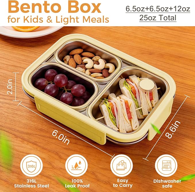 Premium 25oz SUS316L Stainless Steel Lunch Box Bento Box - Reusable Metal Snack Containers with Lids for Kids & Adults - Daycare/School/Work/Travel - Superior Corrosion-resistant (Yellow)
