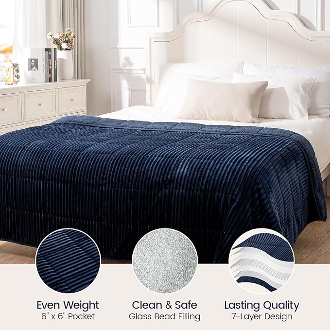 Sherpa Fleece Adult Weighted Blanket with Ribbed Stripes, 15 Pounds Dual Sided Soft Plush Blanket for Couch Bed Sofa, Heavy Thick Blankets with Glass Beads Great for Sleep, Navy Blue, 48" x 72"
