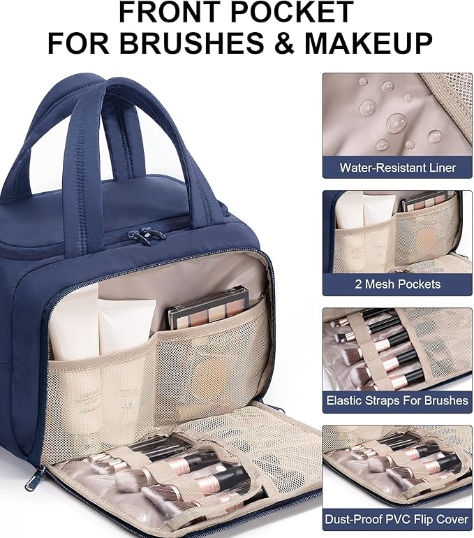 Travel Toiletry Bag for Women, Lightweight Large Quilted Puffy Makeup Bag Wide-open Make up Organizer Cloud Cosmetic Bag w/Handle for Traveling Toiletries Essentials Accessories Navy Blue