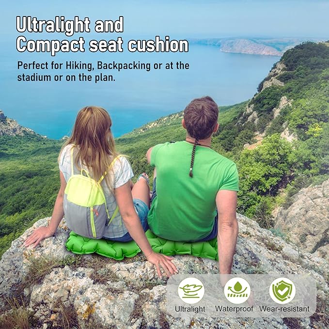 Inflatable Seat Cushion, Lightweight Stadium Seat Pad, Travel Air seat Cushion Anti-Slip for Airplane, Hiking, Climbing, Home and Camping,Green