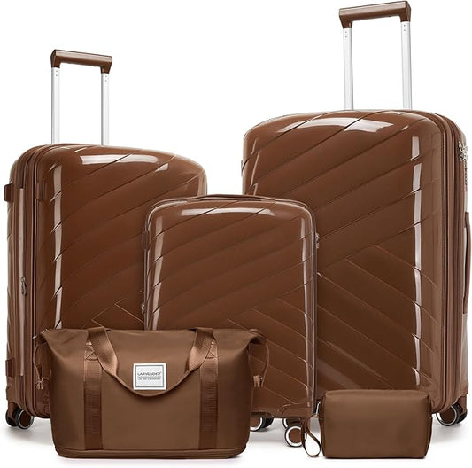 5 Piece Luggage Set Carry on Suitcase with Spinner Wheels, Expandable Hardshell Luggage PP Lightweight Suitcase Set for Women (Mocha)