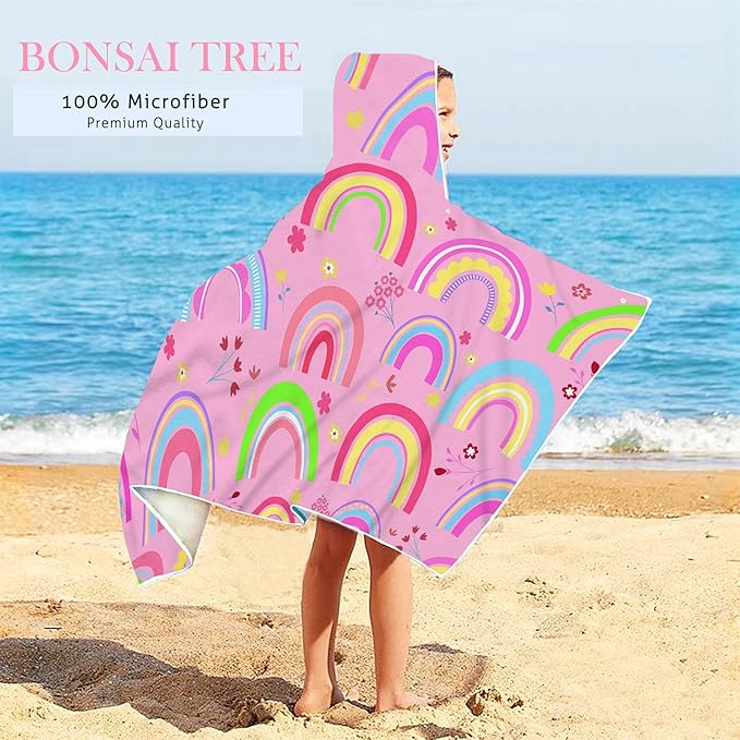Bonsai Tree Rainbow Hooded Beach Towel for Kids Girls, Cute Unicorn Bath Towel with Hood, Pink Magic Rainbow Microfiber Super Absorbent Soft Poncho Bathrobe for Swin Pool 30”x50”