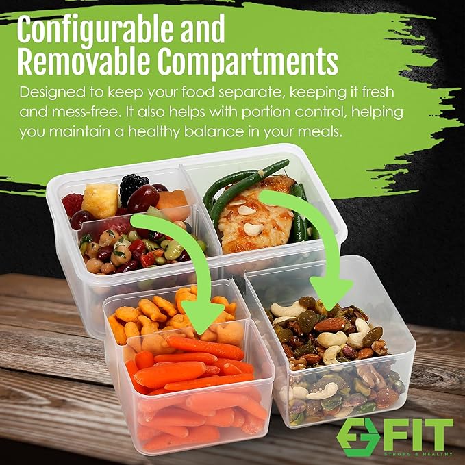 FIT Strong & Healthy Bento Lunch Box & Meal Prep Containers, Food & Snack Storage for Adults & Kids, Microwave, Freezer, & Dishwasher Safe, Reusable, Airtight Lid, Removable Compartments, 39oz, 4 Pack