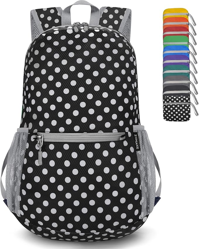 ZOMAKE Ultra Lightweight Hiking Backpack 20L, Packable Small Backpacks Water Resistant Daypack for Women Men(Black，White polka dots)