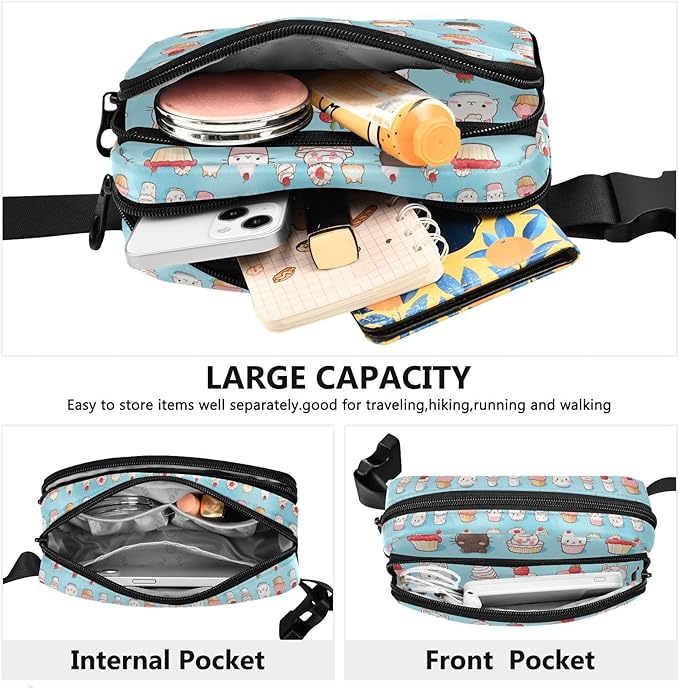 Cute Cat Ice Cream Fanny Pack for Women Men Water Resistant Fashion Waist Packs with Adjustable Strap Belt Bag for Travel Workout Jogging Hiking 21219799