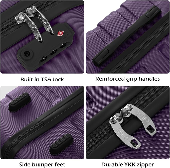 Coolife Luggage 3 Piece Set Suitcase Spinner Hardshell Lightweight TSA Lock (purple, 20/24/28)