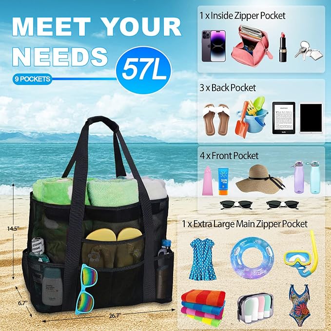 Mesh Beach Bag [Family Set] Extra Large Beach Tote Bag with Zipper Foldable Beach Toy Bag For Sand Toys & Women Vacation Essentials