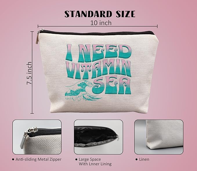 Funny Summer Beach Makeup Bag Gifts for Women, Beach Cosmetic Bag, Beach Stuff for Women, Beach Gifts for Women Friends, Summer Beach Essentials, Beach Weekend Gifts, I Need Vitamin Sea