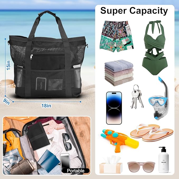 Mesh Beach Bags for Women - Family Beach Tote Bag for Toys, Towels, Travel Vacation Cruise Essentials