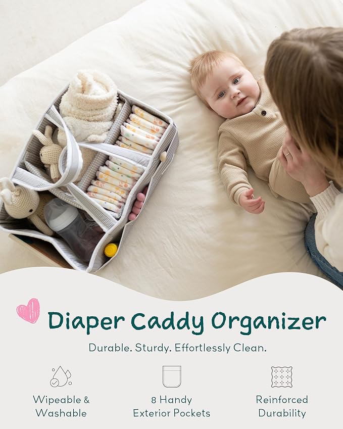 Lily Miles Baby Diaper Caddy Organizer, Baby Shower Basket for Newborn Boys or Girls, Nursery Must Haves for New Mom, Registry Favorites, Large Storage Tote for Changing Table or Car, Gray