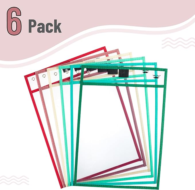 Mr. Pen- Dry Erase Pocket Sleeves, 10"x14", 6 pcs, Colorful Plastic Sleeves for Paper 8.5x11