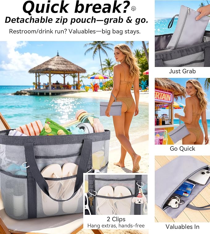 2026 Chic & Spacious XX-Large Beach Bag for Women — Mesh × Canvas Tote with Top Zipper, 11 Pockets, Detachable Pouch | 40L+ Spacious, 11 Tall Pockets, Zipper Pouch, Secure Zip-Top, Sand-Resistant Base