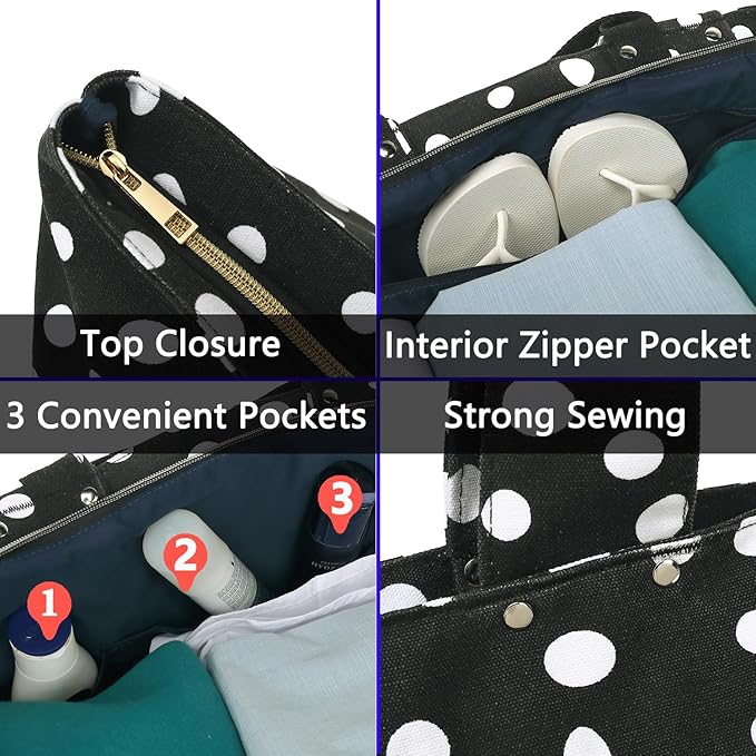 Large Canvas Beach Bag for Women, Beach Bags Waterproof Sandproof with Zipper & Wet Bag Cruise Essentials