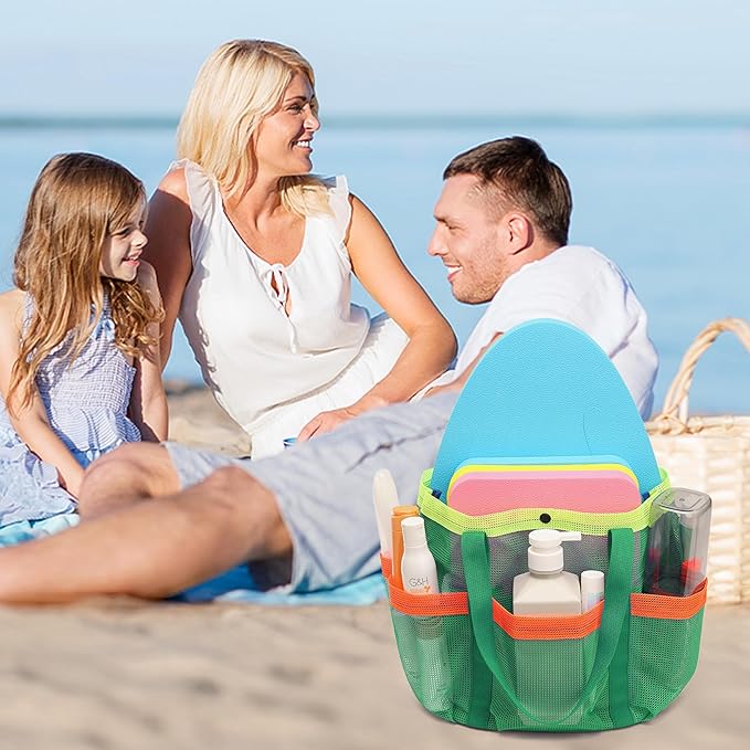 Mesh Beach Bag, Foldable Waterproof Sandproof Beach Storage Tote with 6 Pockets, Swim Tropical Vacation Pool Essential