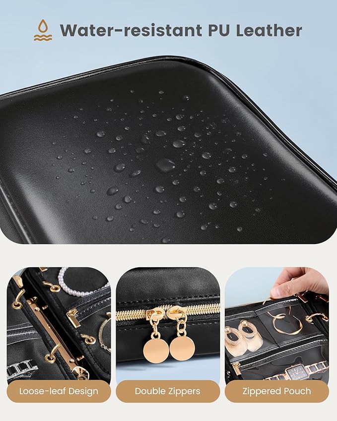 Lolalet Travel Jewelry Organizer Case, Large Jewelry Binder Book with Individual Pouches, Portable Leather Zippered Bag for Jewelry Storage of Earring, Ring & Necklace for Girls, Women -Black