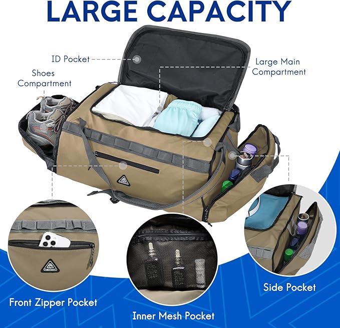 Haimont Duffel Backpack Bag 50L Water Repellent Sports Gym Bag Foldable Men Women with Shoe Compartment for Travel Hiking Camping Outdoor, Upgrade, Khaki