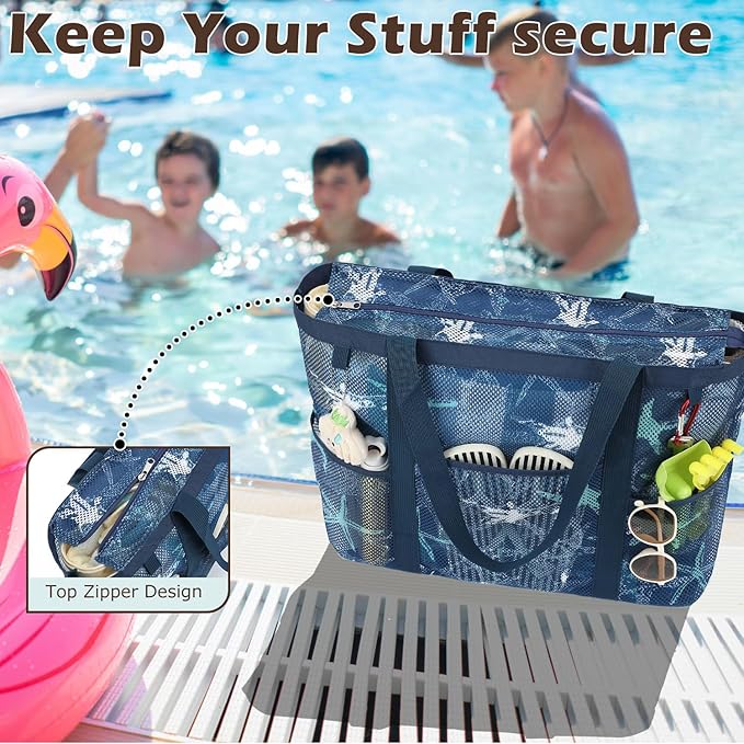 Mesh Beach Bag with Zipper, Large Beach Tote for Women, Toys Pool Swim Bag Travel Vacation Cruise Essentials