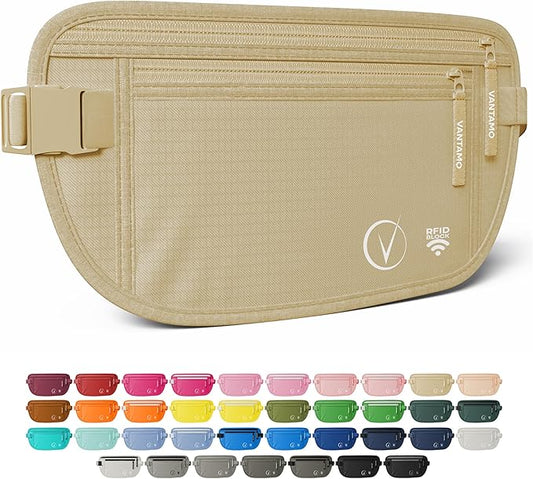 Vantamo Money Belt with RFID For Men & Women, Hidden Passport Holder for Travel, 2 Compartment Travel Fanny Pack for Women Anti Theft