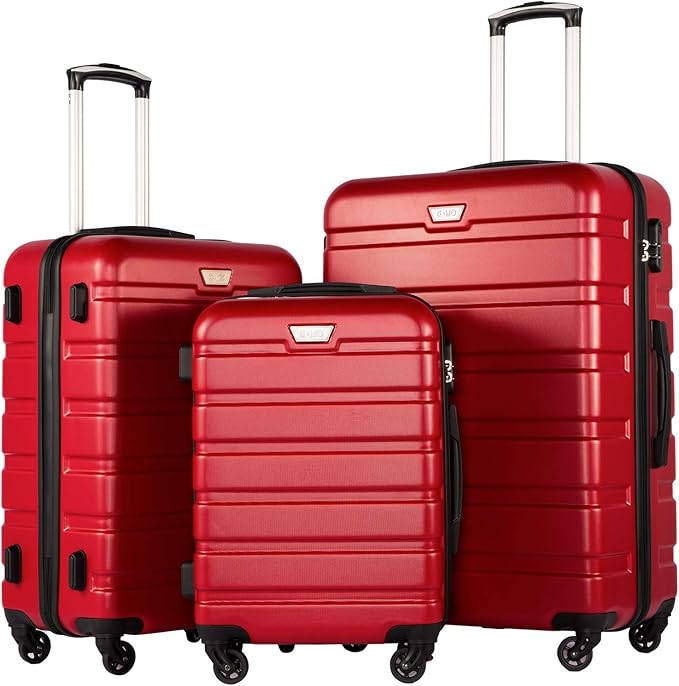 Coolife Luggage 3 Piece Set Suitcase Spinner Hardshell Lightweight TSA Lock (red, 20/24/28)