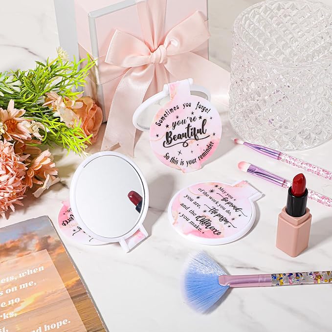 100pcs Light Pink Compact Mirror Bulk Gifts for Women, Mini Inspirational Purse Handheld Makeup Pocket Mirror, Round Portable Makeup Folding Mirrors Gift for Christmas Valentine Daily Travel Coworker