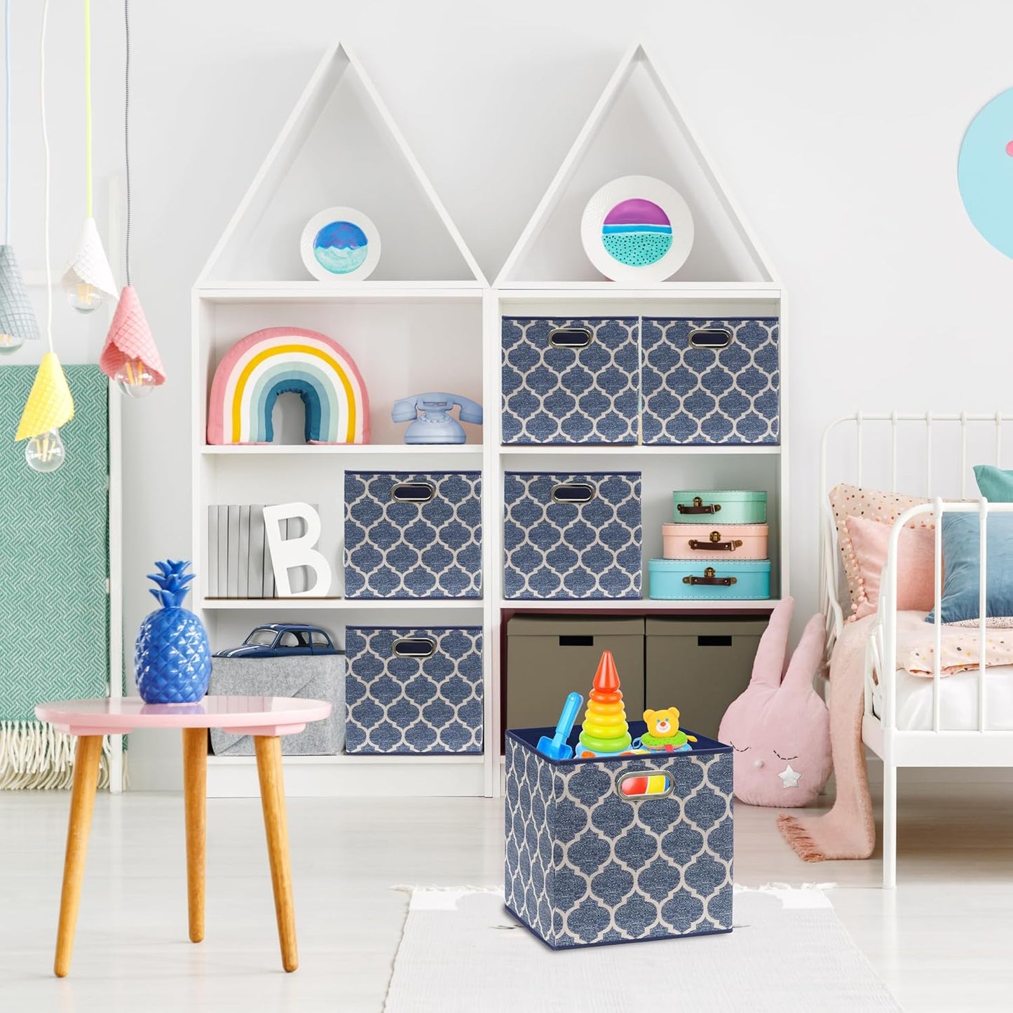 SIMPLE HOUSEWARE 11-Inch Collapsible Fabric Cube Storage Bin with Handles, Printed Design, 6 Pack, Steel Blue