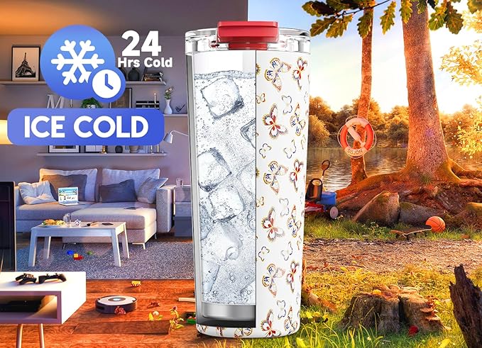 Meoky 24 oz Travel Coffee Mug with Leak-proof Lid, Stainless Steel Insulated Coffee Tumbler, Keeps Hot for 8 Hours or Cold for 24 Hours, Fits in Car Cup Holder (Jewel Butterfly)
