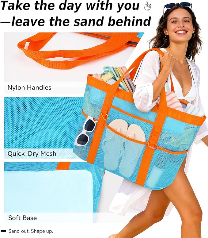 2026 Chic & Spacious XX-Large Beach Bag for Women — Mesh × Canvas Tote with Top Zipper, 11 Pockets, Detachable Pouch | 40L+ Spacious, 11 Tall Pockets, Zipper Pouch, Secure Zip-Top, Sand-Resistant Base
