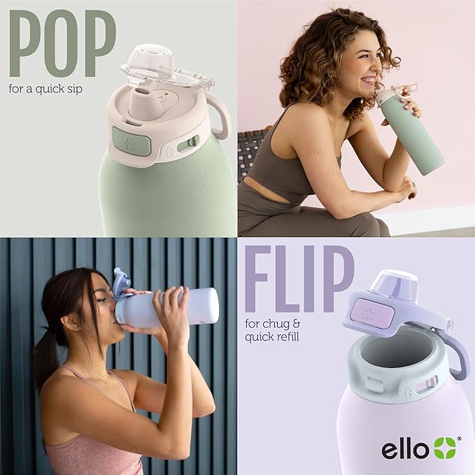 Ello Pop & Fill 32oz Stainless Steel Water Bottle with Quick Fill Technology, Double Walled and Vacuum Insulated Metal, Leak Proof Locking Lid, Sip and Chug, Reusable, BPA Free, Cherry Breeze