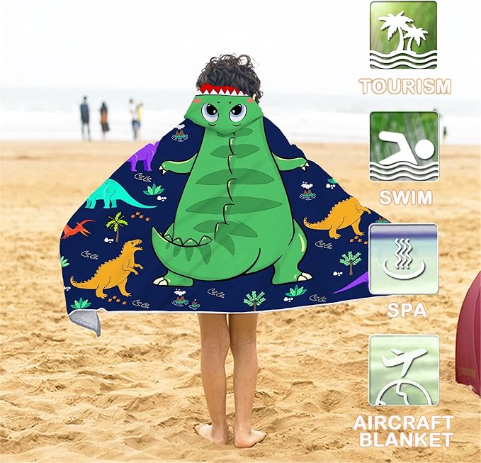 Dinosaur Beach Towel, Dinosaur Towel for Kids with Hood T-rex Hooded Towel for Boys 30x50" Cool Cartoon Microfiber Bath Towel Poncho Bathrobe for Swin Pool cover Up, Green Blue dinosaur birthday gifts