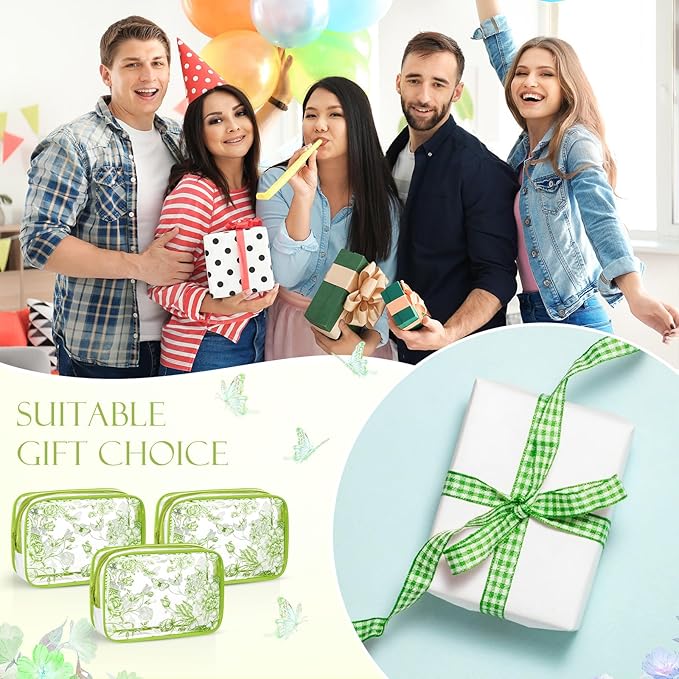 Set of 10 Clear Floral Cosmetic Bags PVC Makeup Bags Waterproof Travel Organizer Toiletry Pouches for Wedding Birthday Baby Shower Party Ideal Gift for Women Nurse Bridesmaid(Sage Green)
