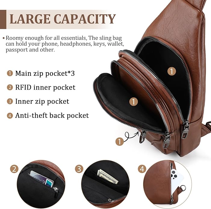 JASGOOD Anti Theft Crossbody Travel Bag for Women Men PU Leather Sling Bag with Adjustable Strap