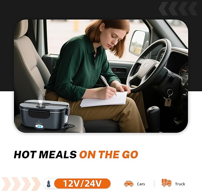 Heated Lunch Box,120W Electric Lunch Box for Adults with 1.5L 304 Stainless Steel Container, 12V/24V/110V Lonchera Eléctrica Portátil for Travel,Work,Car,Truck (Charcoal Grey, 1.5L x 4)