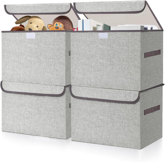 Linen Fabric Foldable Storage Cube Bin Organizer Basket with Flip-Top Lid & Handles, Large Clothes Blanket Box for Home, Office, Closet, Light Gray, 4 Pack 14.6 x 9.5 x 9.5”