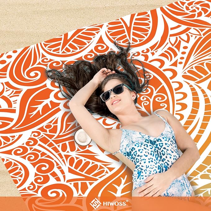Beach Blanket Waterproof Sandproof Oversized 95”x 80”,Sand Free Beach Mat with Corner Pockets,Portable Mesh Bag for Beach Festival,Picnic,Travel and Outdoor Camping (Ombre Portland Orange)