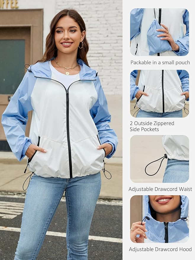 PITINAN Lightweight Rain Jacket Women Packable Wind Breaker Light Rain Jacket Women Waterproof Travel Raincoat S-XXL