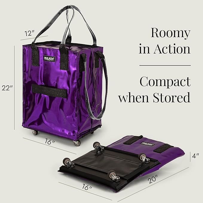 HULKEN - (Medium, Ultraviolet) Reusable Grocery Bag On Wheels, Shopping Trolley, Rolling Tote, Zipper Closure, Lightweight, Carries Up to 66 lb, Folds Flat, Unbreakable Handles