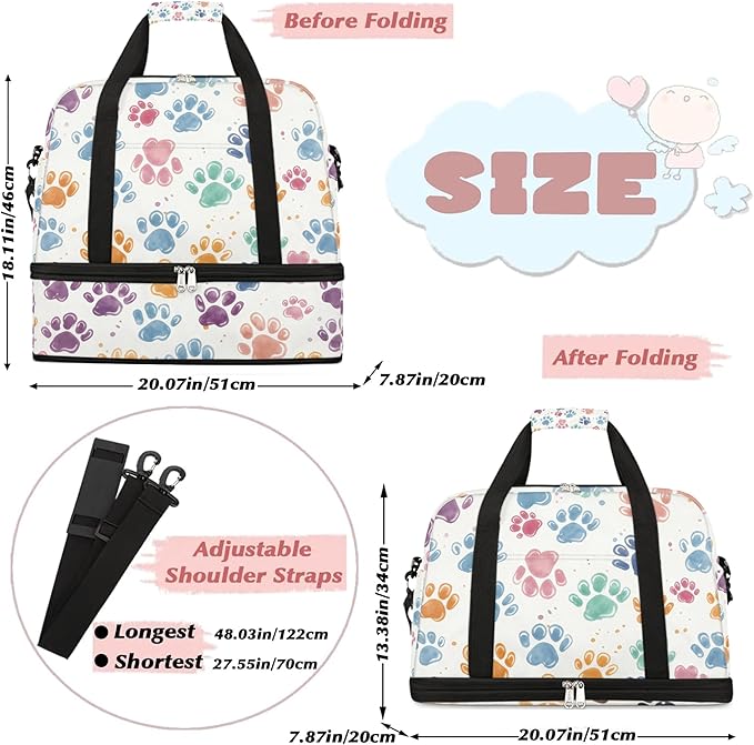 Foldable Travel Duffel Bag for Women - Carry on Personal Item Bag with Shoes Compartment, Weekender Overnight Duffle Bags Sport Tote Gym Luggage for Airplanes Traveling(Dog Paws)