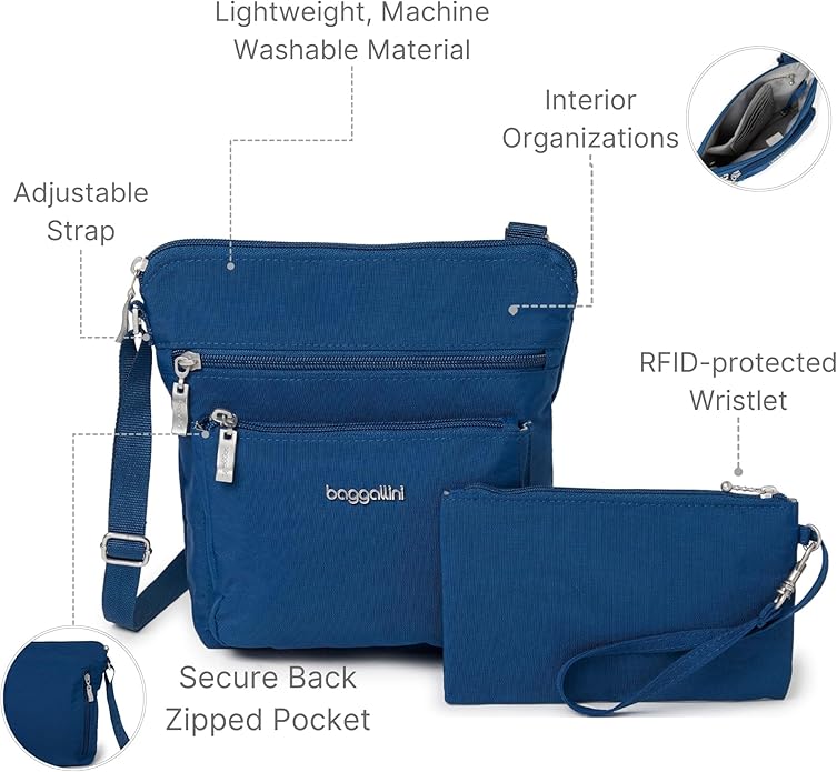 Baggallini Pocket Crossbody Bags for Women 8x8 Small Lightweight Durable Water-resistant Travel Purse W/Rfid