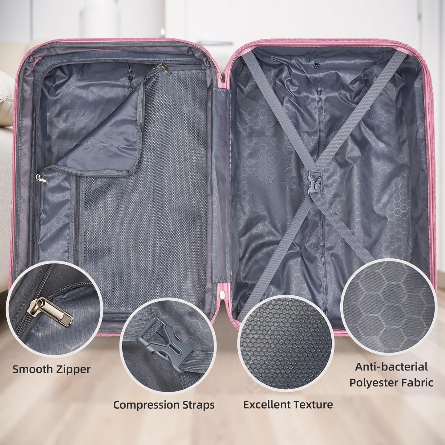 LARVENDER Luggage Sets 5 Piece Hardside Expandable Suitcase with Wheels Lock,PC+ABS Hardside Lightweight Rolling Suitcase for Women and Men,Peach Sparkling