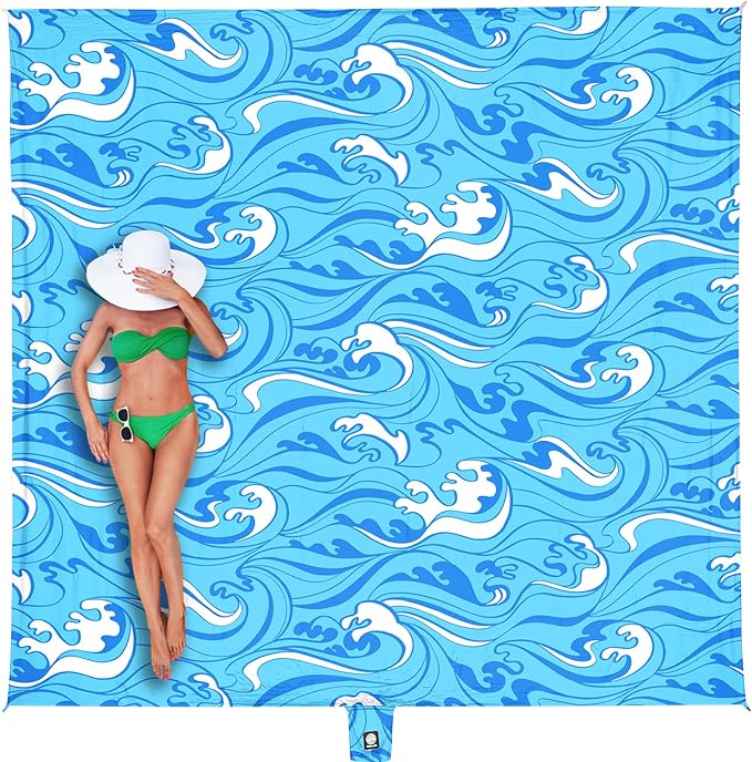 WEKAPO Beach Blanket Waterproof Sandproof Oversized Extra Large Sand Free Beach Mat with Stakes, Storage Bag - Essentials for Outdoor Beach, Picnic (Blue Ocean Waves, 11 X 9 FT (1~10 Person))