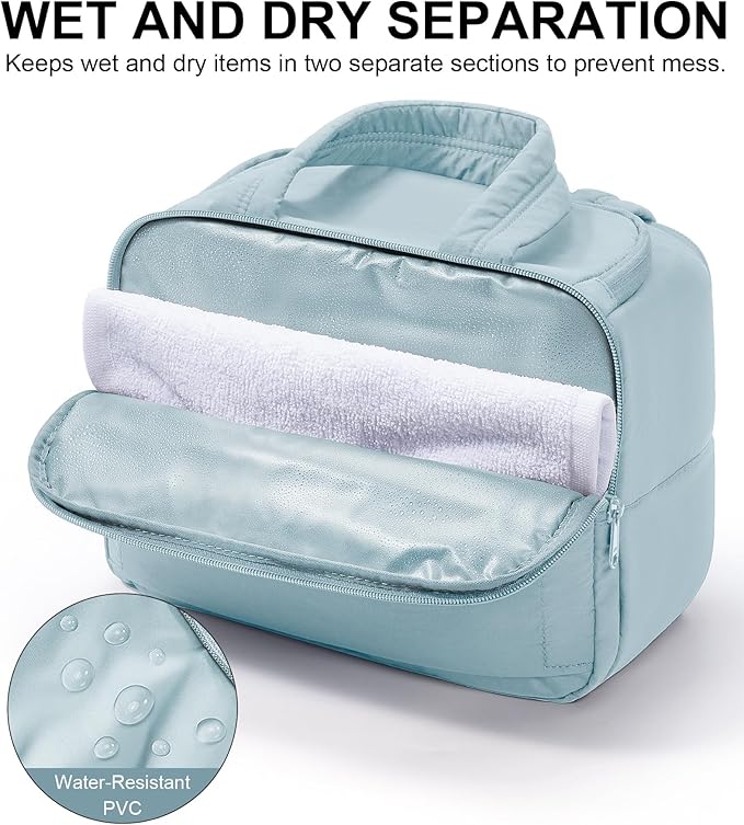 Travel Toiletry Bag for Women, Lightweight Large Quilted Puffy Makeup Bag Wide-open Make up Organizer Cloud Cosmetic Bag w/Handle for Traveling Toiletries Essentials Accessories Light Blue
