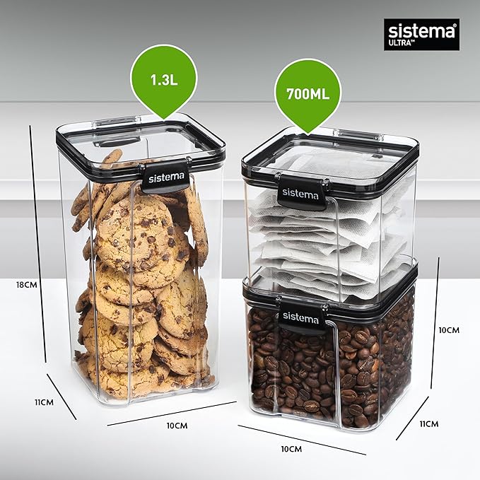Sistema Tritan Ultra Airtight Pantry & Kitchen Storage Containers, 3-Pack, Clear Stackable Square Food Storage, BPA-Free, Dishwasher & Freezer-Safe (Microwave-Safe Without Lid)