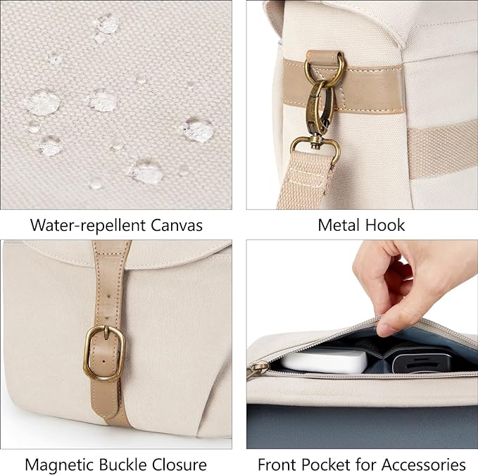 BAGSMART Camera Bag, SLR DSLR Canvas Crossbody Camera Case, Compact Camera Shoulder Bag with Rain Cover for Women and Men, Ivory White
