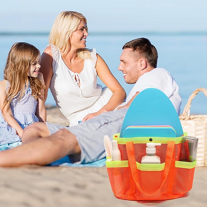 Mesh Beach Bag, Foldable Waterproof Sandproof Beach Storage Tote with 6 Pockets, Swim Tropical Vacation Pool Essential